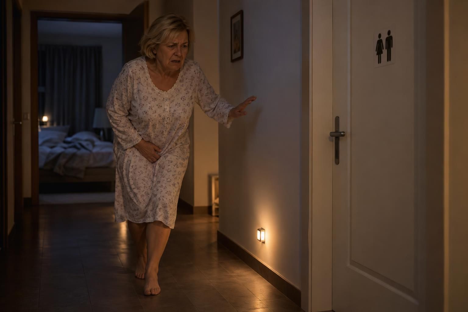 Kobieta po sześćdziesiątce w koszuli nocnej idzie nocą ciemnym korytarzem pochylona, na ugiętych kolanach, z dłonią przyciśniętą do podbrzusza, w stronę drzwi z piktogramem toalety – pilna potrzeba i lęk, że mocz popuści przed dotarciem do łazienki