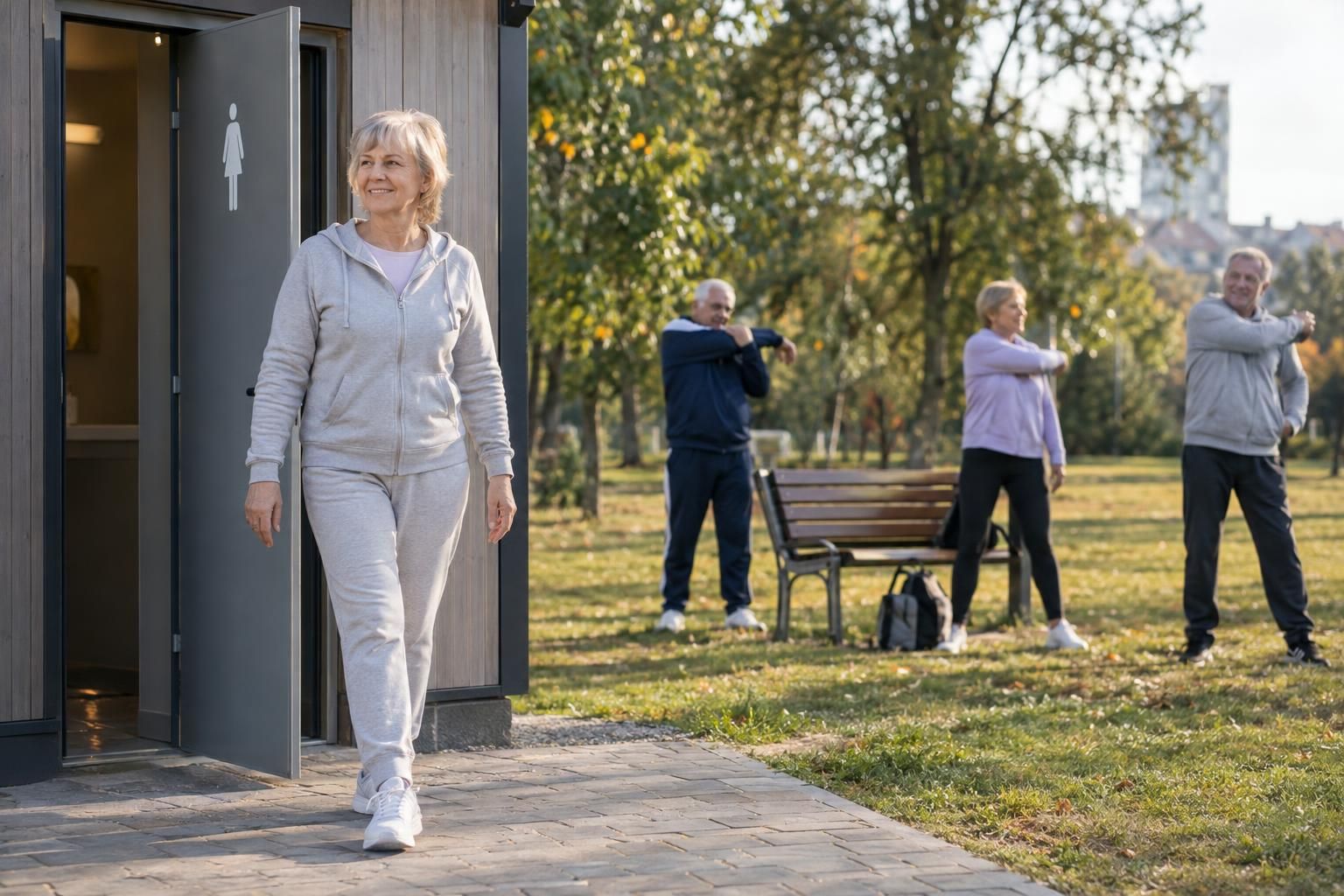 Kobieta w jasnym dresie spokojnie wychodzi z parkowej toalety i z uśmiechem wraca do grupy, która rozciąga się na trawniku – przerwa w gimnastyce bez pośpiechu, mimo nietrzymania moczu